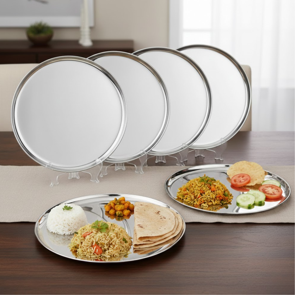 Vinod Stainless Steel Bangla Bogi Plate, Lunch & Dinner Plate, Set of 4 pieces, Diameter 29 cm