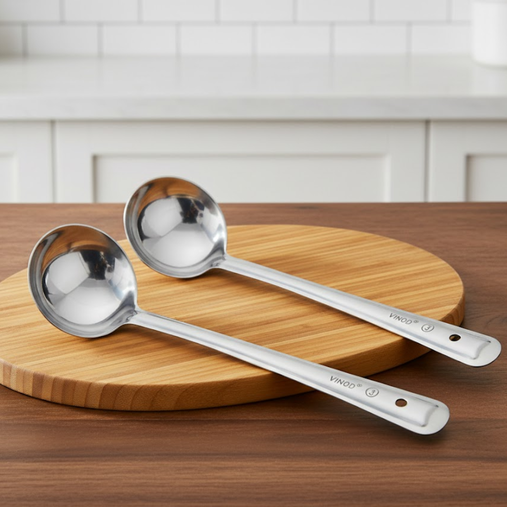 Vinod stainless steel basting serving ladle / serving spoon / karchi set of 2, 21 cm, front view