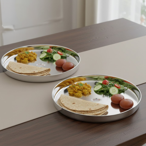 Vinod Stainless Steel Khumcha Thali Set of 2, full set group shot