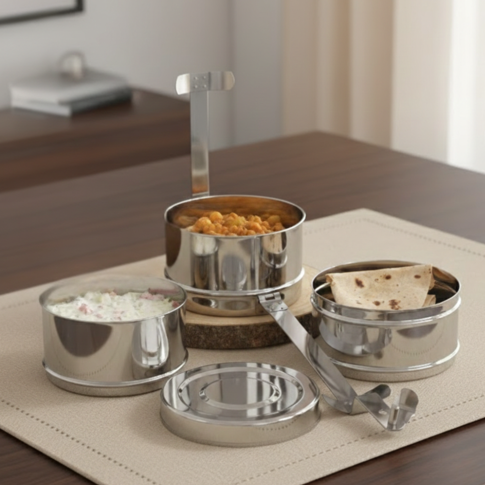 VINOD Bombay Stainless Steel Tiffin 3 Compartment 9 Inch, Mirror Finish, Tough & Strong, Leak Resistant and Easy to Clean