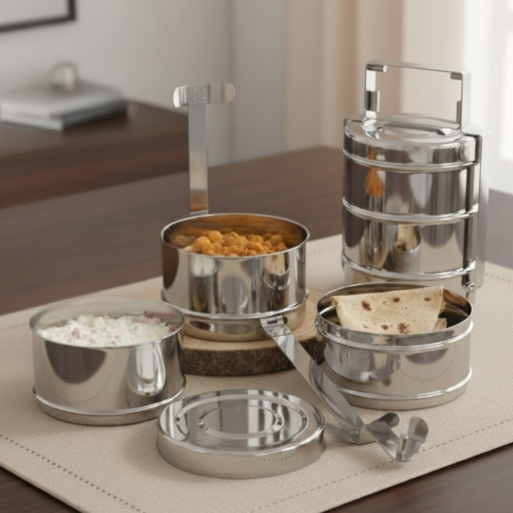VINOD Bombay Stainless Steel Tiffin 3 Compartment 9 Inch, Mirror Finish, Tough & Strong, Leak Resistant and Easy to Clean