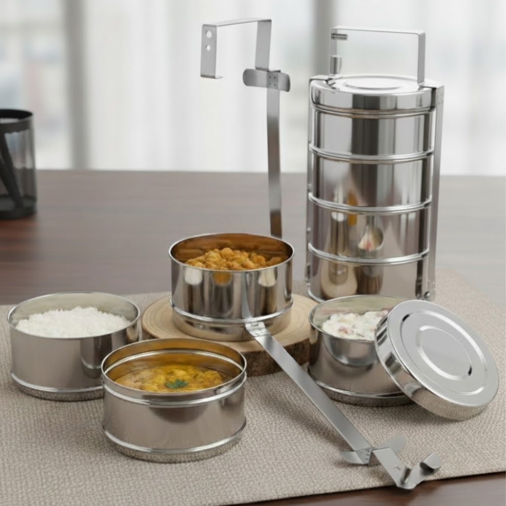 VINOD Bombay Stainless Steel Tiffin 4 Compartment - 9 Inch with Mirror Finish, Rust Free, Tough and Strong & Easy to Clean
