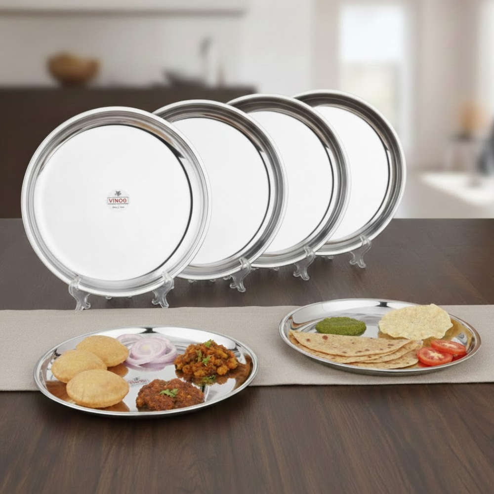Vinod stainless steel china dinner plate set of 6, 28 cm, front view
