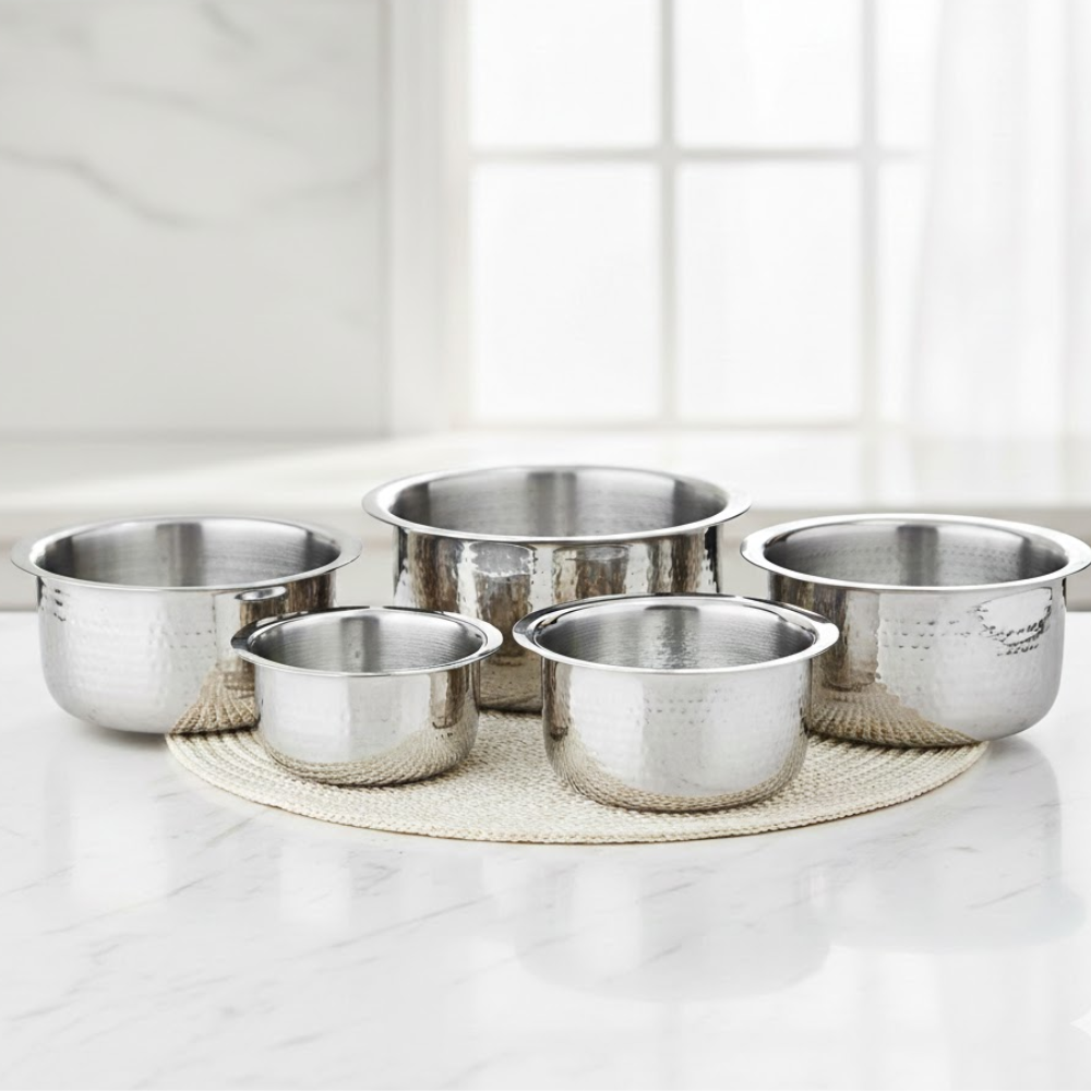 Vinod Stainless Steel Claro Hammered Tope / Patila - Set of 5 - Capacity 900 ml,1.8 Liter, 3 Liter, 4.6 Liter & 6.3 Liter