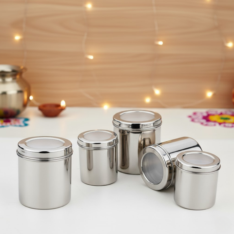विनोद स्टेनलेस स्टील डीप डब्बा - 1000 मिली, 1400 मिली, 1800 मिली, 2300 मिली, 3000 मिली - 5 पीस सेट, एयरटाइट स्टील कंटेनर