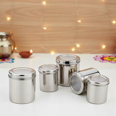 विनोद स्टेनलेस स्टील डीप डब्बा - 1000 मिली, 1400 मिली, 1800 मिली, 2300 मिली, 3000 मिली - 5 पीस सेट, एयरटाइट स्टील कंटेनर