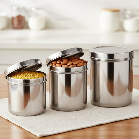 Vinod Stainless Steel Deep Dabba Set of 3 - 350 ml, 500 ml & 750 ml in Steel, front view