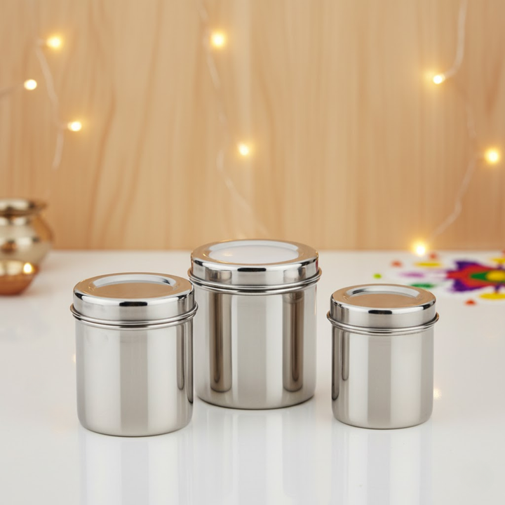 Vinod Stainless Steel Deep Dabba – 350 ml, 500 ml, & 750 ml – Set of 3 pieces, Airtight Steel Containers