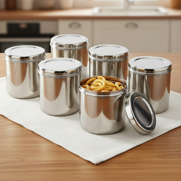 Vinod Stainless Steel Deep Dabba 500 ml/ No.8 – Set of 6 pieces, Airtight Steel Containers