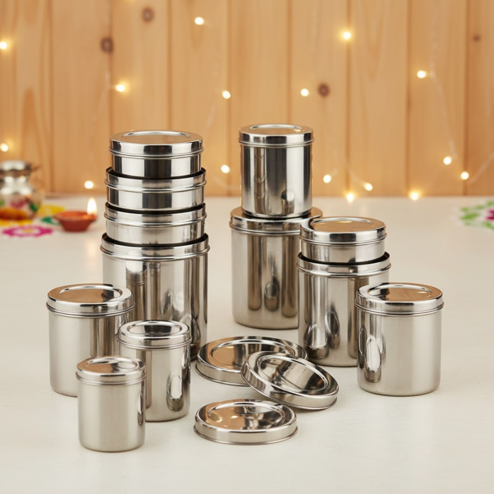 Vinod Stainless Steel Deep Dabba, Storage Container, Set of 12 Dabba, From 350 ml to 6 Kg, Airtight Steel Containers