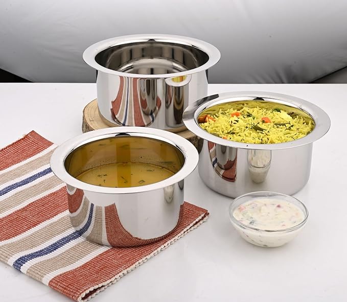 Vinod stainless steel induction friendly flat bottom tope set of 3, 1400 ml, 1800 ml and 2300 ml, full set group shot