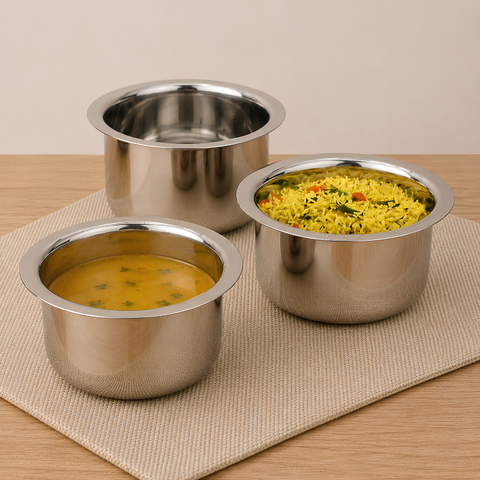 Vinod Stainless Steel Induction Friendly Flat Bottom Cooking Tope With 1.5mm Thickness | 18 Gauge Durable Steel  3 Pcs | Capacity 1400ml, 1800ml and 2300ml | No 11 to 13