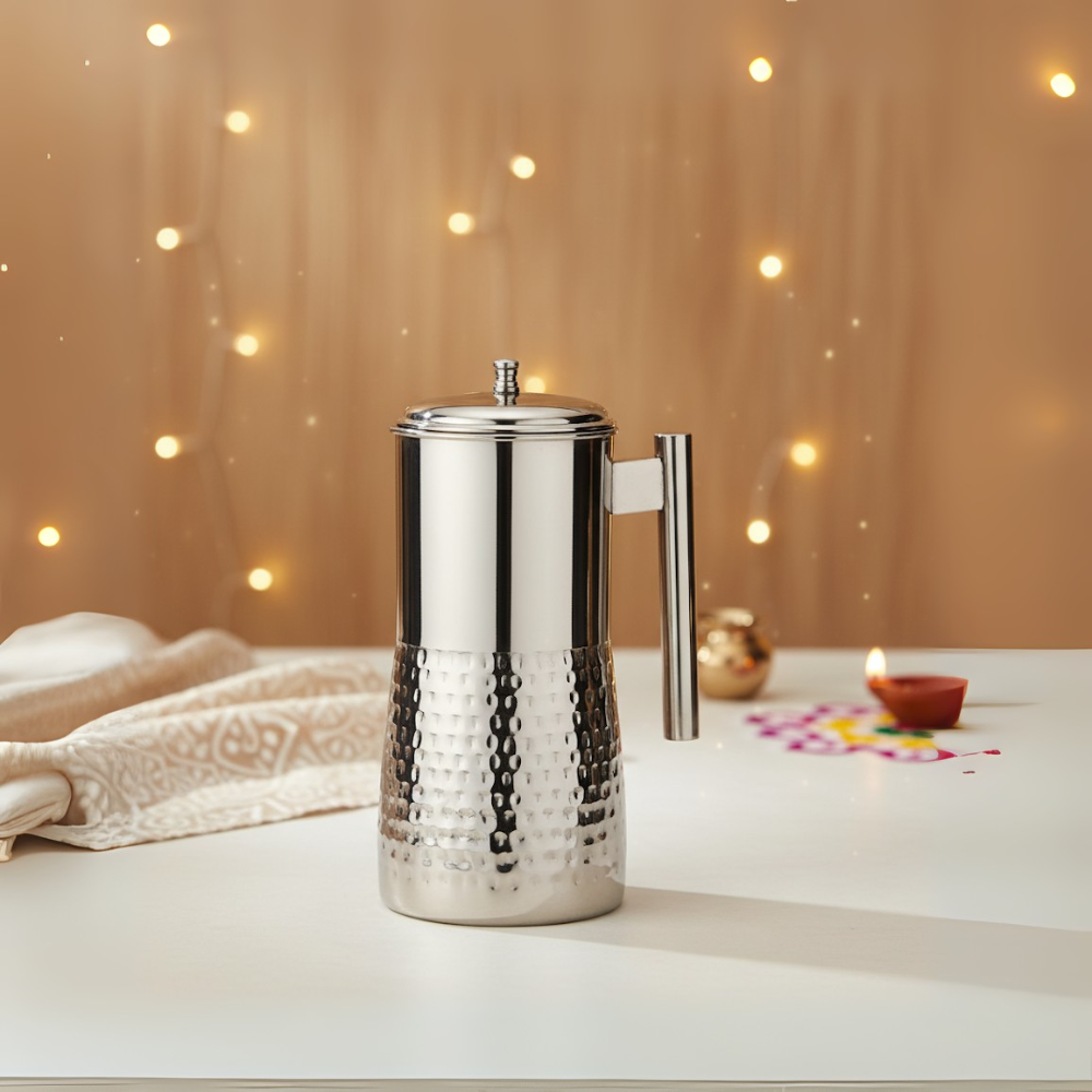 Vinod Stainless Steel Hammered Magnum Water Pitcher / Jug with Cover – 1700 ml