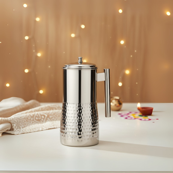 Vinod Stainless Steel Hammered Magnum Water Pitcher / Jug with Cover – 1700 ml