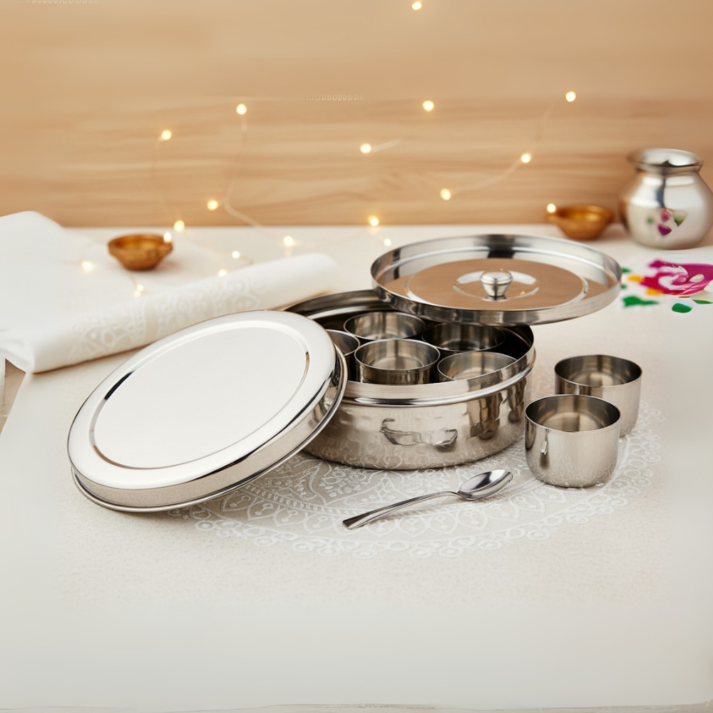 Vinod Stainless Steel Hammered Masala Dabba / Spice Box, 7 Containers with Spoon & Steel Lid - 7.5 Inch, No.11