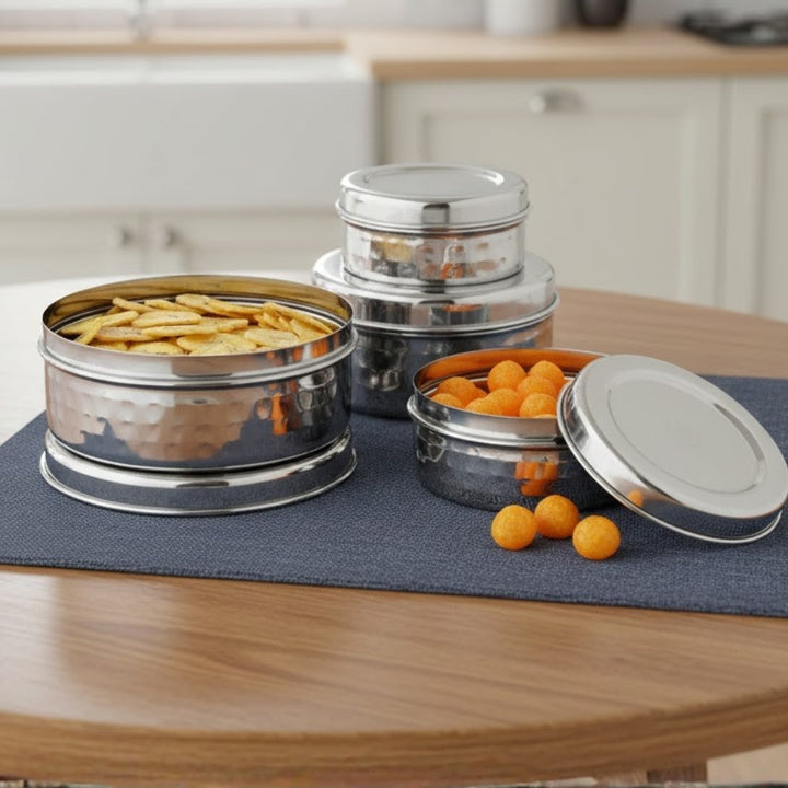 VINOD Stainless Steel Hammered Puri Dabba Set of 4 - Capacity: 300 ml, 450 ml, 650 ml, 1000 ml, Heavy Gauge Steel, Airtight Lids, Rust Free