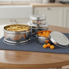 VINOD Stainless Steel Hammered Puri Dabba Set of 4 - Capacity: 300 ml, 450 ml, 650 ml, 1000 ml, Heavy Gauge Steel, Airtight Lids, Rust Free