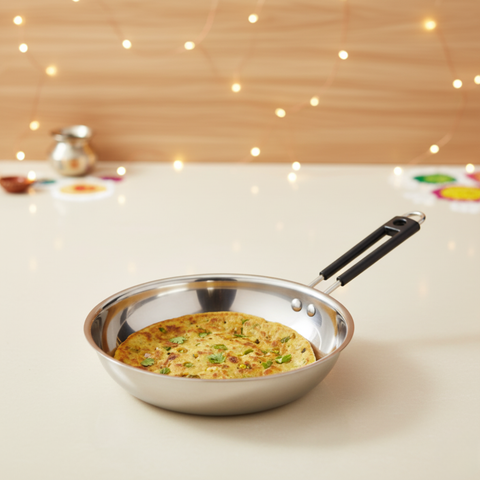 Vinod Stainless Steel Heavy Bottom Royal Fry Pan Dishwasher Safe, Gas Stove & Induction Compatible, Durable, 20 Cm Frying Pan, Soft Touch Handle, Kitchen Utensil