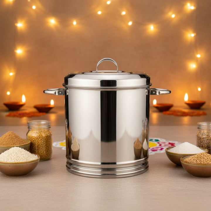 Vinod Stainless Steel Heavy Gauge Ration Dabba with Lid & Side Handle – No. 12 – 12 Ltr