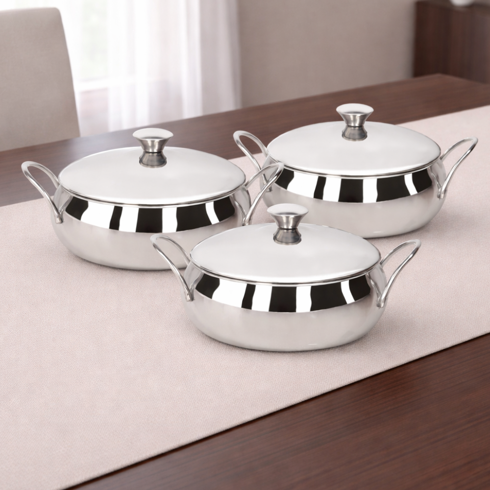 Vinod stainless steel Indigo serving bowl 3 pieces gift set with lid & side handles, 900 ml to 1300 ml, front view