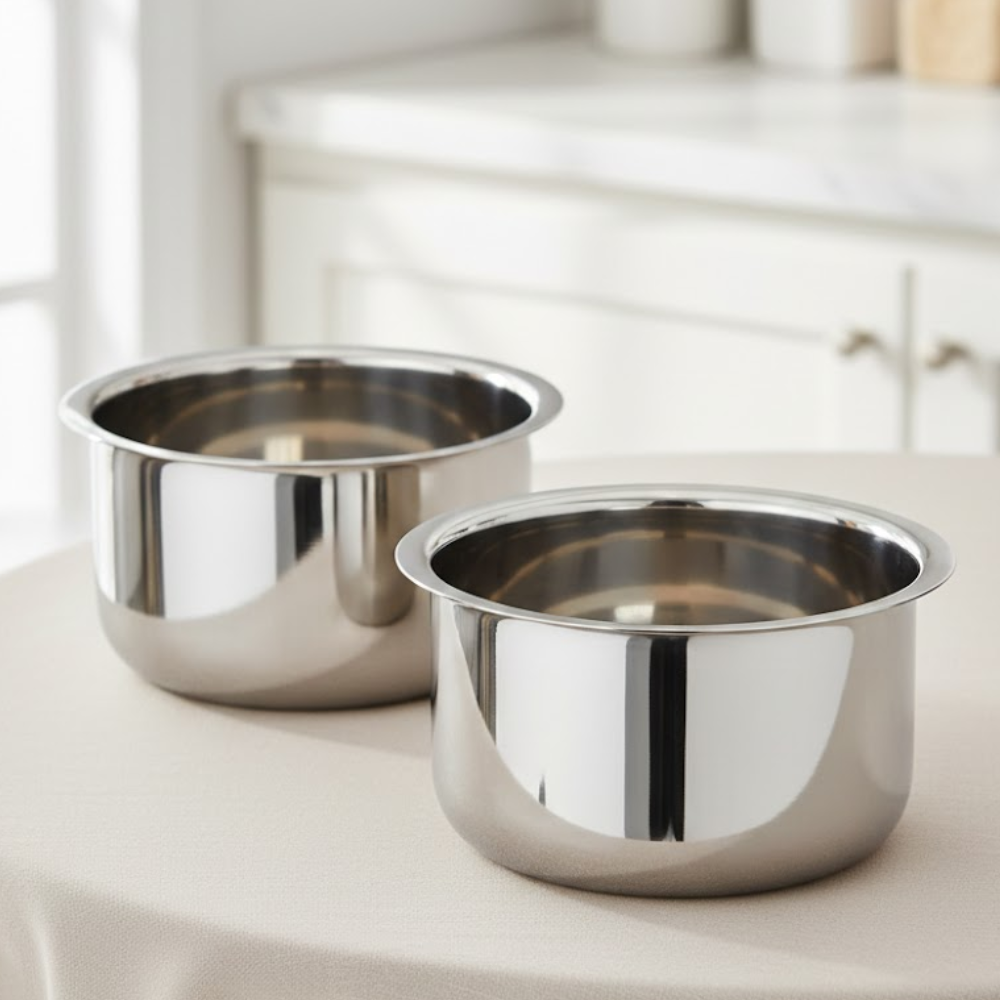 Vinod stainless steel flat bottom tope without lid combo set 5.5 litre & 6.7 litre, no 17 & 18, front view