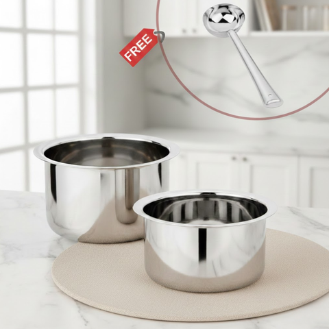 Vinod stainless steel induction friendly flat bottom tope without lid, 5.5 litre & 6.7 litre, no 17 & 18, front view