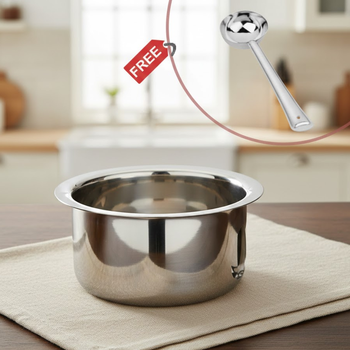 Vinod Stainless Steel Induction Friendly Round Bottom Tope Without Lid 4 Pieces Large Set Capacity 3.70 Litre, 4.60 Litre, 5.50 Litre & 6.70 Litres with Free Ladle