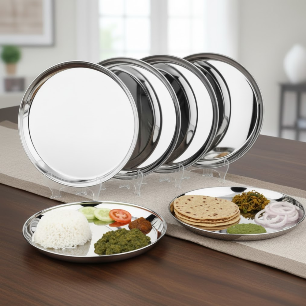 Vinod stainless steel Kanchan Bogi dinner plate set of 6, 28 cm, front view