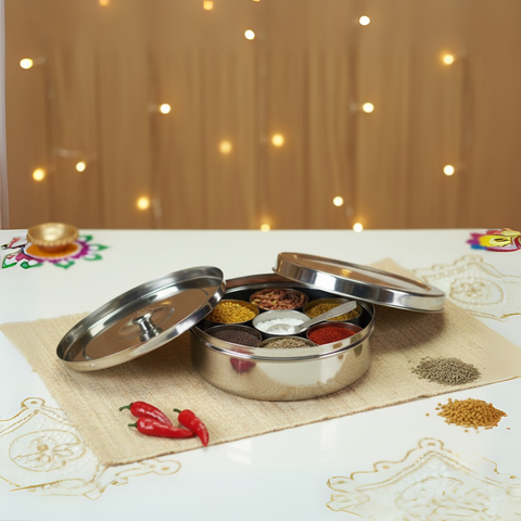 Vinod Stainless Steel Masala Dabba / Spice Box, 7 Containers with Spoon & Steel Lid - 8.8 Inch, No.13