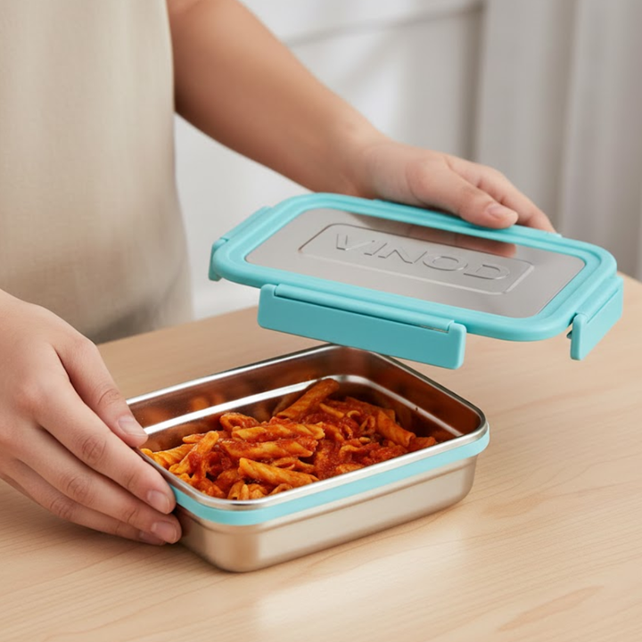 VINOD Stainless Steel Meal Carrier (Blue) – Large Food-Grade Steel Inner, Strong Lid, Side Clip Locks for No Spillage, Rust Free