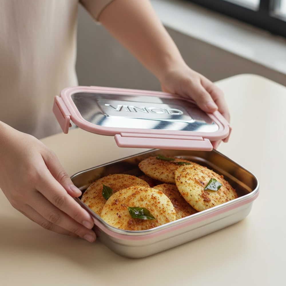 VINOD Stainless Steel Meal Carrier (Pink) - Small, High quality stainless steel, Strong Lid, Side Clip Locks, No Spillage, Rust Free