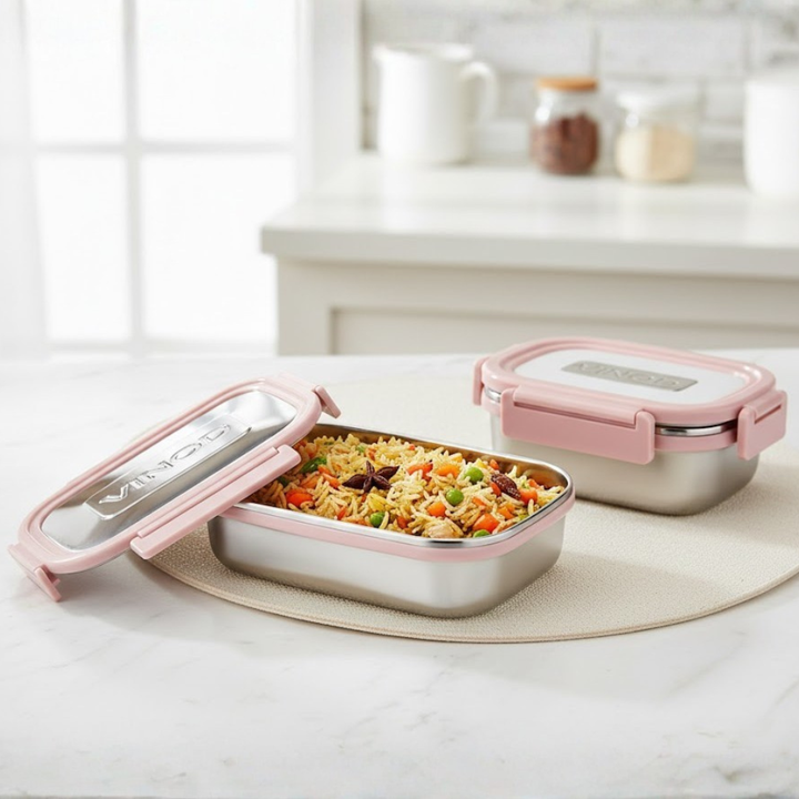 Vinod Stainless Steel Meal Carrier (Pink) – Small – Set of Two