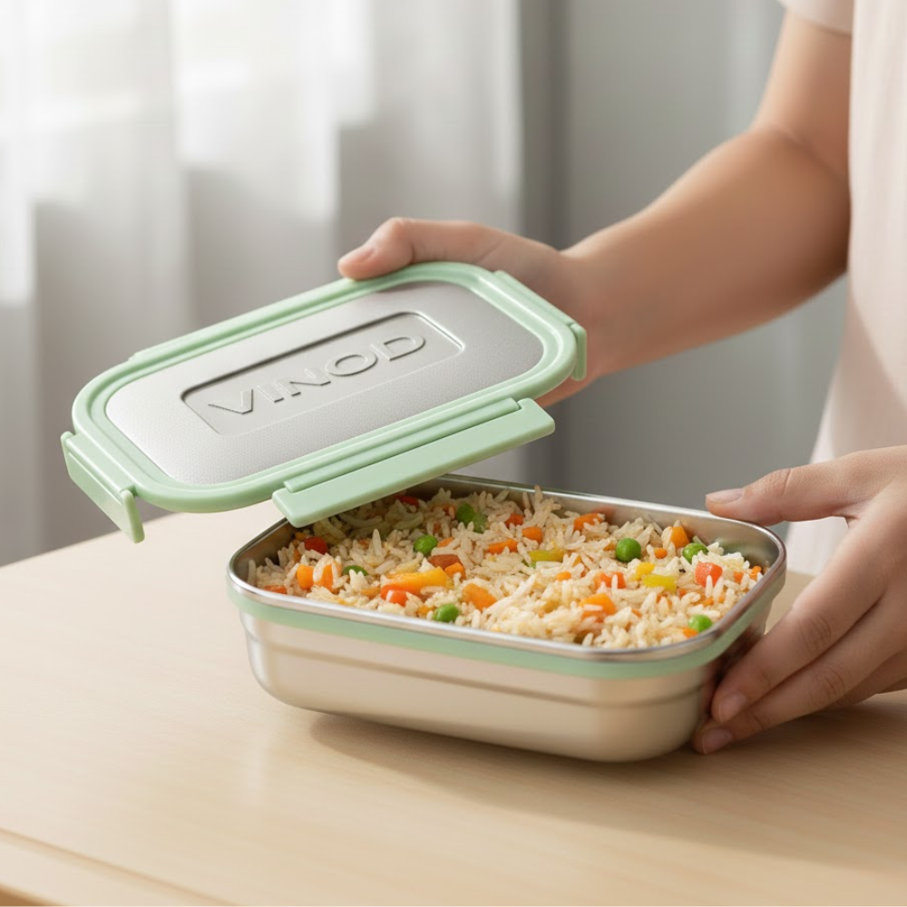 VINOD Stainless Steel Meal Carrier (Green) – Small, High Quality Steel Inner, Strong Lid, Side Clip Locks for No Spillage, Rust Free