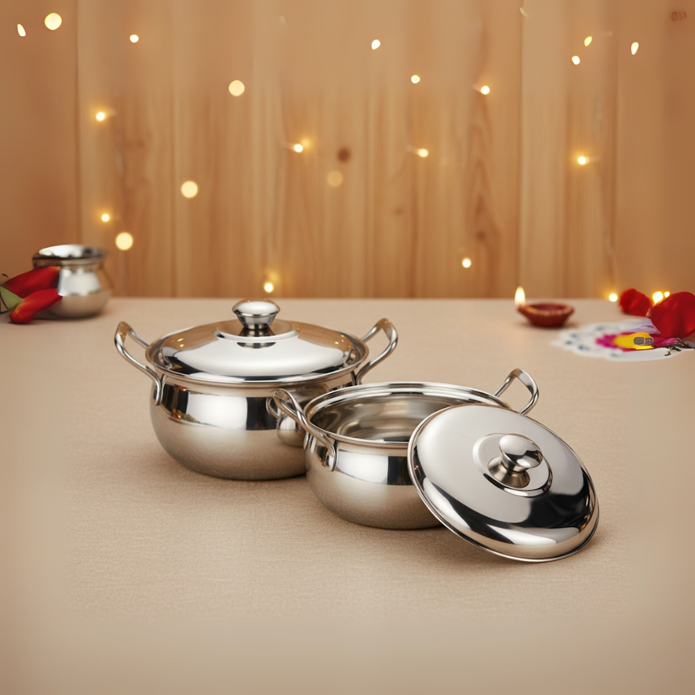 Vinod Stainless Steel Milano Plain Serving Casserole With Steel Lid & Side Handle - Set of 2 Pcs - 1230 ml & 1630 ml - 16 cm & 18 cm