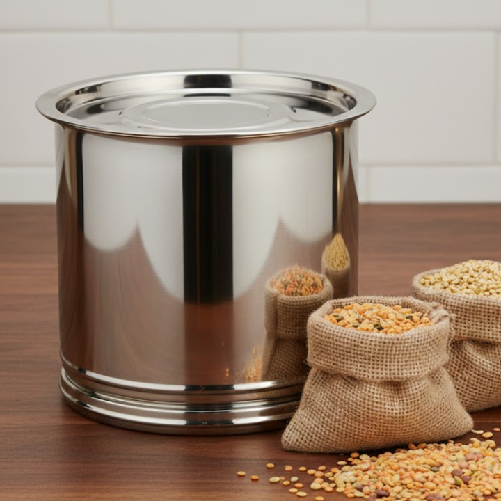 VINOD Stainless Steel Pawali 12.5 Litre with Highest Grade Steel, Rust Free, Easy to Clean, Easy Storage of Pulses & Grains, (No 12)