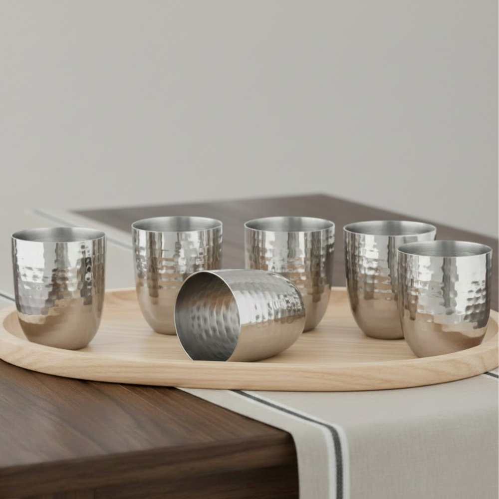 Vinod Stainless Steel Premium Glass (Hammered) – Six Glasses in one Box (300 ml)