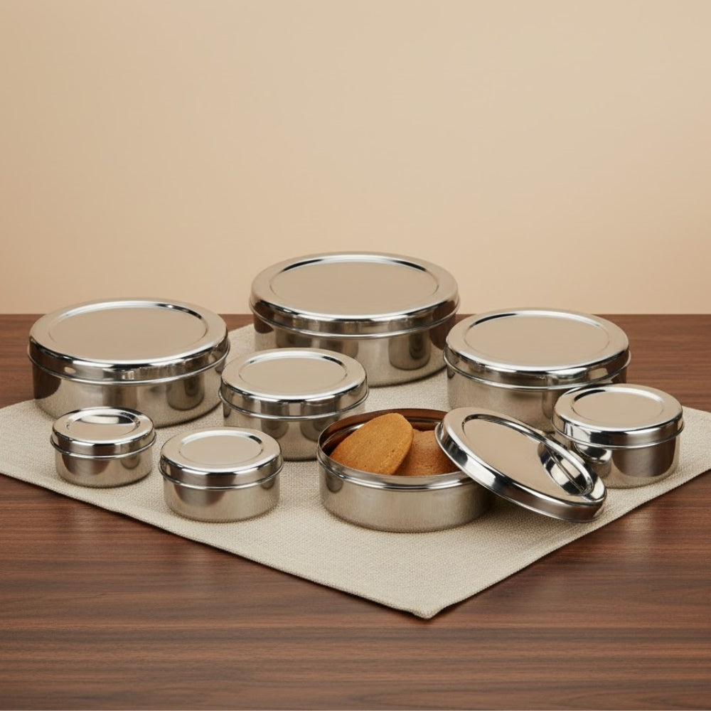 Vinod stainless steel puri dabba set of 8, capacity: 300 ml to 2500 ml, front view
