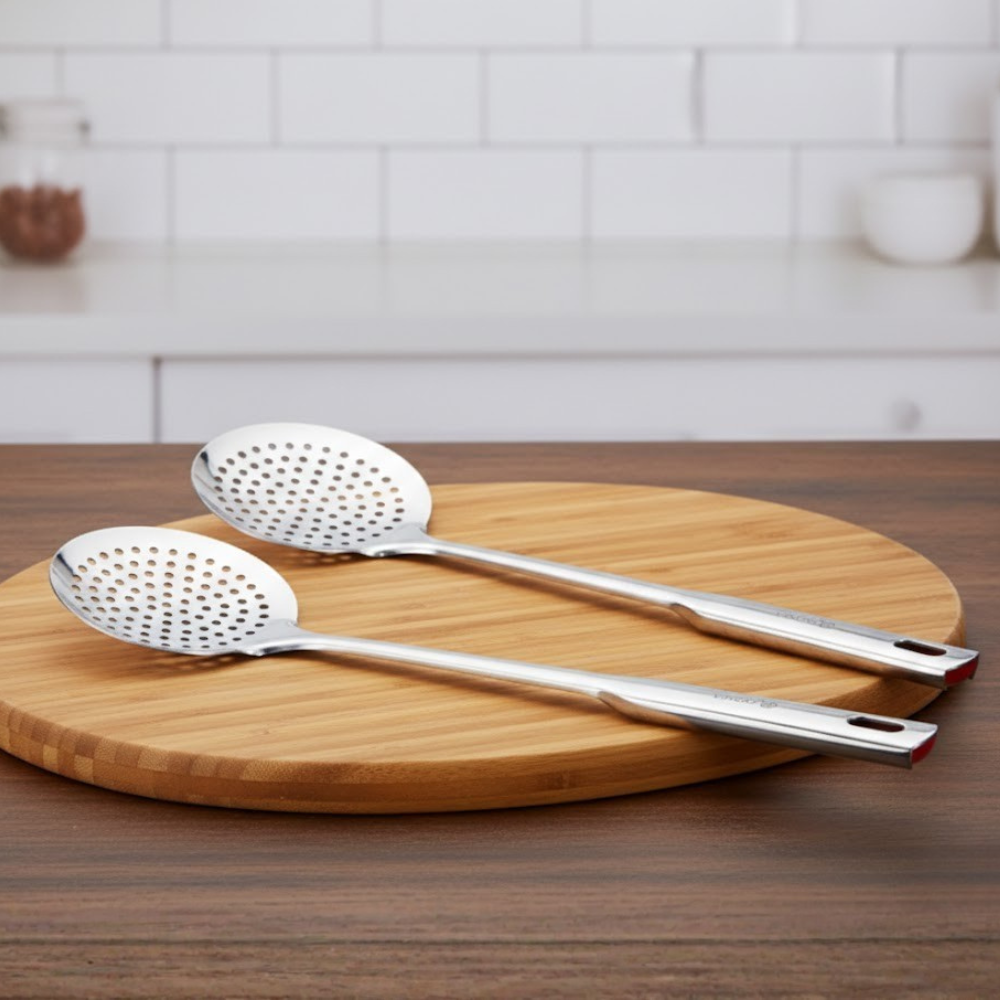 Vinod Stainless Steel Queens Perforated Skimmer Heavy Gauge Strainer, Set of 2, front view