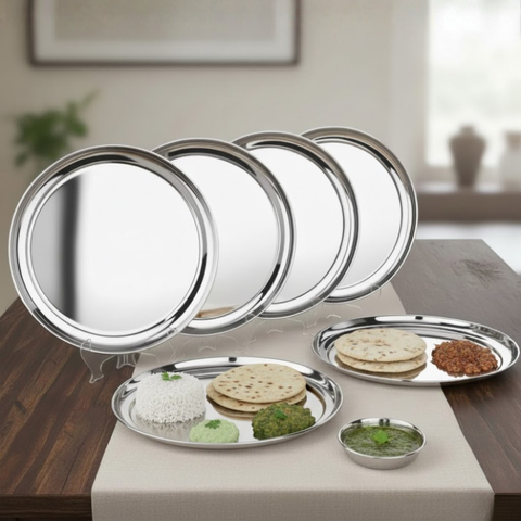 Vinod stainless steel Rajbhog dinner plate set of 6, 28.5 cm, front view