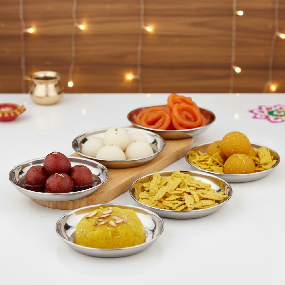 Vinod Stainless Steel Round Beeding Halwa Plate Set of 6 Pieces, Diameter 13.2 cm