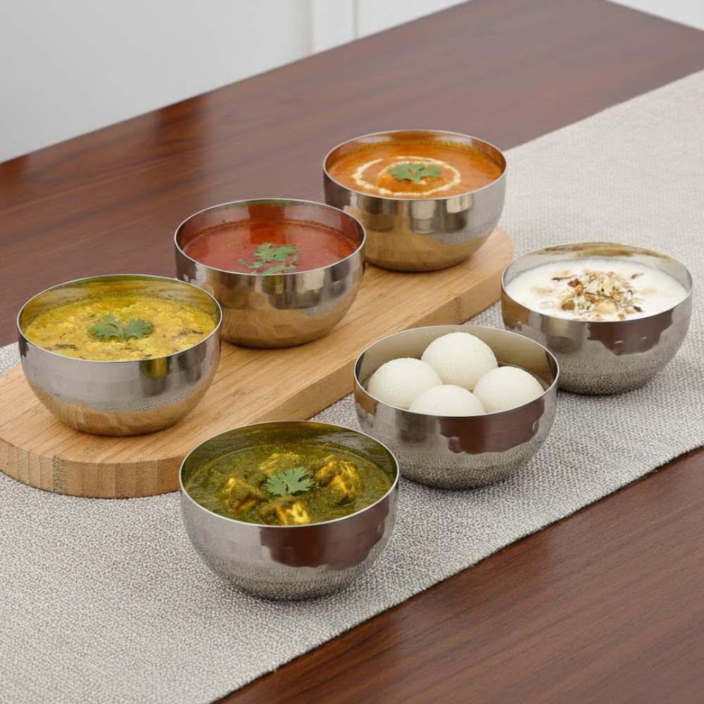 Vinod Stainless Steel Royal Hammered Bowl, Set of 6 Pieces, No. 6, full set group shot