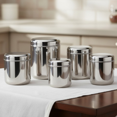 विनोद स्टेनलेस स्टील रूसी डीप डब्बा - 1000 मिली, 1400 मिली, 1800 मिली, 2300 मिली और 3000 मिली - 5 पीस का सेट, नंबर 10 से नंबर 14 प्रीमियम क्वालिटी फ़ूड स्टोरेज, एयरटाइट स्टील कंटेनर