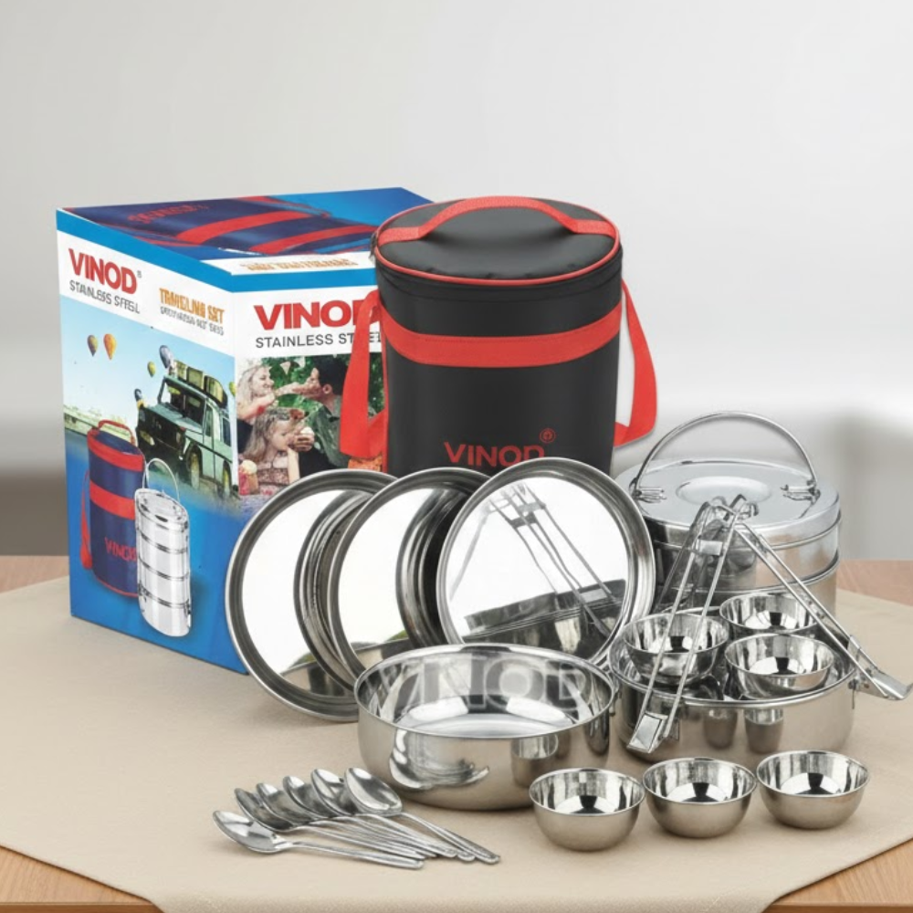 Vinod Stainless Steel Travelling Set 4 Compartment - 25 Pcs, full set group shot