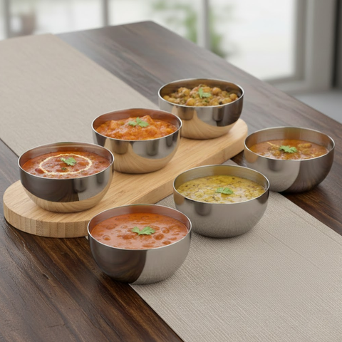 Vinod two tone stainless steel bowl set of 4 pieces, 100 ml each, full set group shot