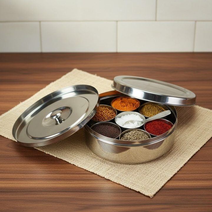 Vinod Stainless Steel Masala Dabba / Spice Box, 7 Containers with Spoon & Steel Lid - 6.5 Inch, No.10