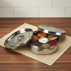 Vinod Stainless Steel Masala Dabba / Spice Box, 7 Containers with Spoon & Steel Lid - 6.5 Inch, No.10
