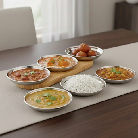Vinod Stainless Steel Halwa / Dessert Plate Set of 6 Pieces, full set group shot