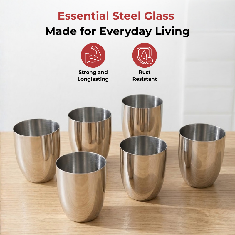 VINOD Stainless Steel Vento Glass Set of 6 - 300 ml, Highest Grade Steel, Mirror Finish, Rust Free, Easy to Clean & Dishwasher Safe