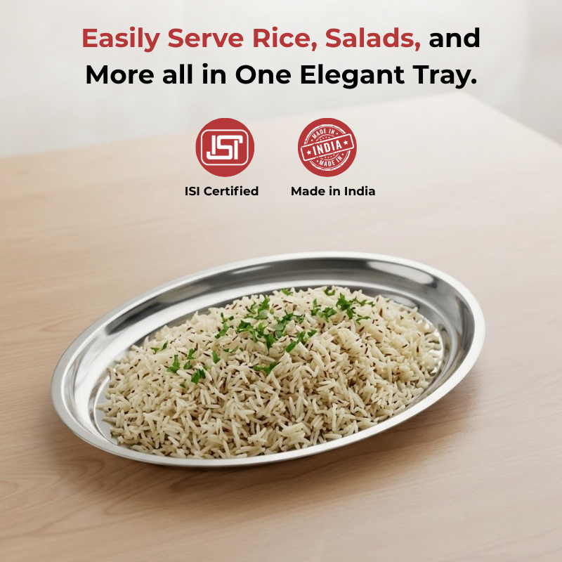 VINOD Stainless Steel Oval Rice Tray with Highest Grade Stainless Steel, Mirror Finish, Rust Free, Tough & Durable, Easy to Clean