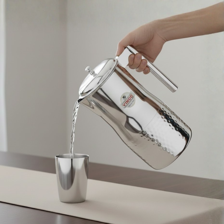 VINOD Stainless Steel Hammered Magnum Water Pitcher / Jug with Cover - 1700 ml, Premium Stainless Steel, Tough & Durable, Dishwasher safe
